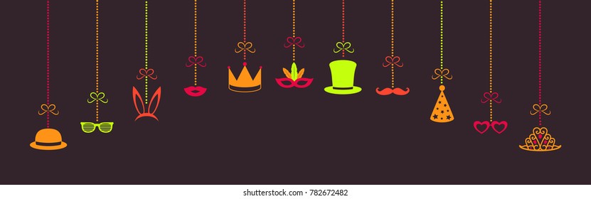 Hanging Carnival icons - banner in retro style. Vector.