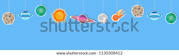 Hanging Cartoon Paper Planets Decoration On Stock Vector