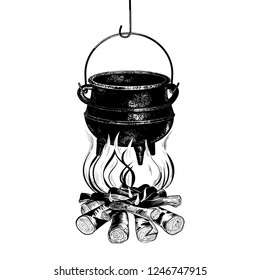 
Hanging cast iron cauldron on the campfire with firewood. The process of cooking. Vector illustration, sketch.