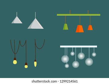 Hanging from ceiling lamps with wire, triangle and round chandelier, colorful glowing lightbulbs, electric equipment. Flat design electrolier vector