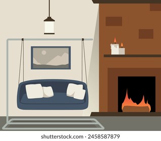 Hanging chair with pillows in cozy interior design. Comfort furniture chair swing in living room with fireplace and candles vector flat illustration. Cartoon comfy recreation bench