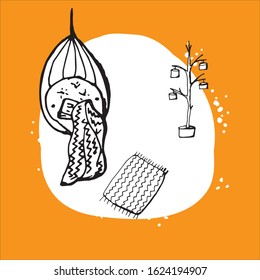 Hanging chair. Vector hand drawn isolated objects. Icons in sketch style.