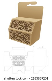 Hanging chamfered box with stenciled pattern windows die cut template and 3D mockup