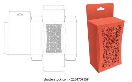 Hanging chamfered corner box with stenciled pattern window die cut template and 3D mockup