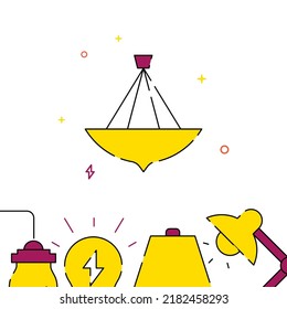Icono vectorial de línea con candelabro colgante, ilustración simple, borde inferior relacionado.
