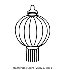 Hanging Chinese lantern with fringe isolated on white. Black line drawing sketch in doodle style. Vector picture for oriental culture and traditional decoration illustration, holiday design, print.