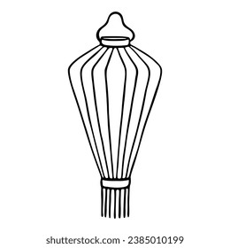 Hanging Chinese lantern with fringe isolated on white. Black line drawing sketch in doodle style. Vector picture for oriental culture and traditional decoration illustration, holiday design, print.