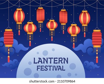 Hanging Chinese Lantern with Red and Yellow Color at Night Sky. Chinese Lantern Festival Design.
Can be used for greeting card, invitation, poster, banner, web, animation, etc.