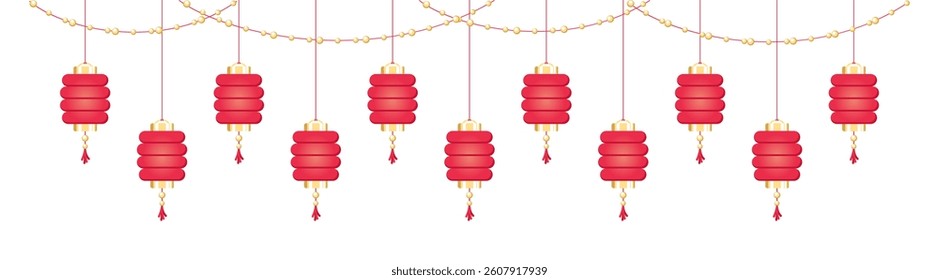 Hanging Chinese Lanterns Banner Border, Lunar New Year and Mid-Autumn Festival Decoration Graphic