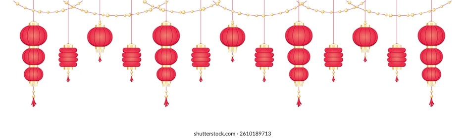 Hanging Chinese Lanterns Banner Border, Lunar New Year and Mid-Autumn Festival Decoration Graphic