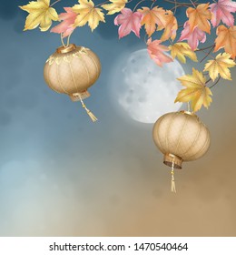 Hanging Chinese Paper Lanterns against night sky with the moon. Hanging branches with autumn leaves. Mid Autumn Festival greeting card