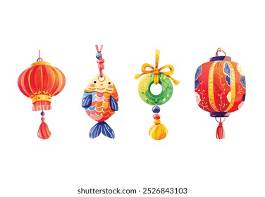 Hanging Chinese papers lanterns in red on an isolated background. Sky latterns. Vector. Chinese Lunar New Year Snake 2025, clipart set vector