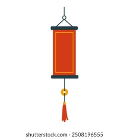 Hanging Chinese red scroll with space for text. Hand drawn vector illustration isolated on white background.