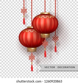 Hanging Chinese silk lanterns for Happy New Year on transparent background. Decoration items for the festive compositions