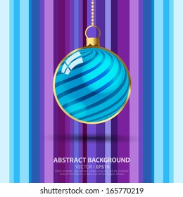 Hanging Christmas ball blue on a purple striped abstract background with a diagonal stripes ornament. Vector EPS 10 illustration.