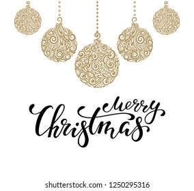 Hanging Christmas ball with a floral swirl. Hand drawn calligraphy Merry Christmas lettering. design holiday greeting cards and invitations of Merry Christmas and Happy New Year and seasonal holidays.