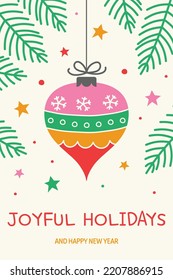 Hanging Christmas ball. Greeting card with ornaments. Vector illustration
