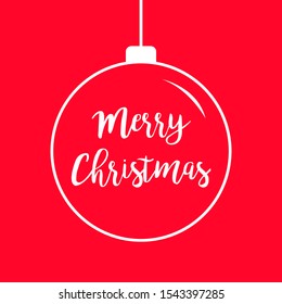 Hanging Christmas ball icon doodle white line. Stylized round bauble toy. Star sparkle set. Golden text. Dash line. Happy New Year sign symbol. Flat design style. Red background. Isolated. Vector