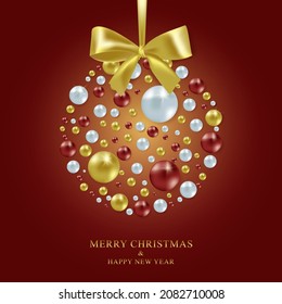 Hanging christmas ball on red background with gold bow. Sparkling metal glitter bauble. For Christmas and New Year cards, gift tags, labels, party posters, banners, headers. Vector