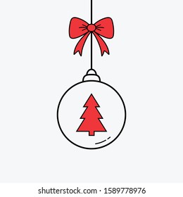 Hanging Christmas ball with tree icon. Xmas decoration. Vector