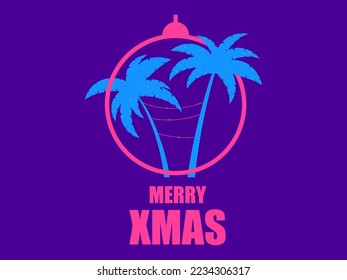 Hanging Christmas ball with tropical palm trees in 80s style. Hanging garlands between palm trees. Tropical Christmas. Design for greeting card, poster and banner. Vector illustration