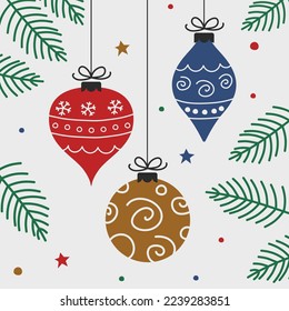 Hanging Christmas balls. Background with ornaments. Vector illustration