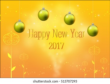 Hanging christmas balls with blurred star bokeh, blurred white bokeh and golden tree with letter happy new year on golden background, vector illustration