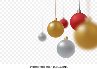 Hanging Christmas balls close up isolated on transparent background. Gold, red and silver xmas balls with defocused effect. Traditional decoration for the winter holidays. Vector illustration.