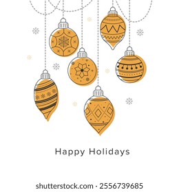 Hanging Christmas balls collection. Cute hanging decorations. Christmas template for card and banner. Outline linear silhouette. The design includes elegant lettering with the message Happy Holidays