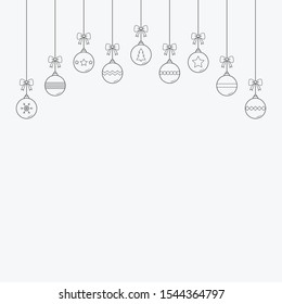 Hanging Christmas balls. Empty card with ornaments and copyspace. Vector illustration