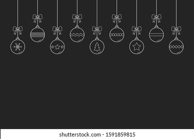 Hanging Christmas balls. Empty card with decorations and copyspace. Vector