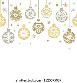 Hanging Christmas balls from garlands and stars. Seamless golden. Christmas holidays concept  Xmas template. flat vector illustration isolated on white background.