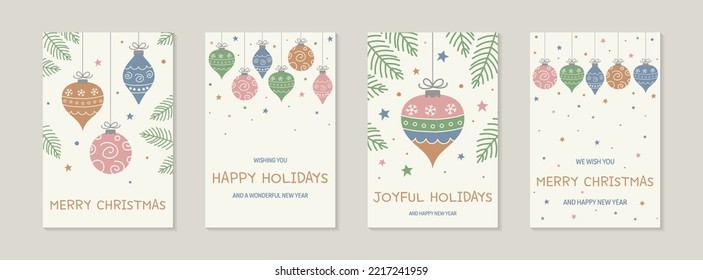 Hanging Christmas balls. Greeting cards with wishes - collection. Vector illustration
