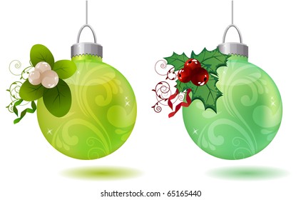 Hanging christmas balls with holly and snowberry decoration