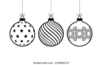 hängende Weihnachtsbälle Ikone Linie. Weihnachtsballsymbol im Umriss-Stil einzeln auf weißem Hintergrund. Neujahr Symbol, Vektorgrafik.