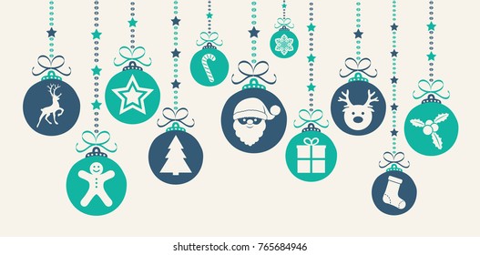 Hanging Christmas balls with icons. Vector.