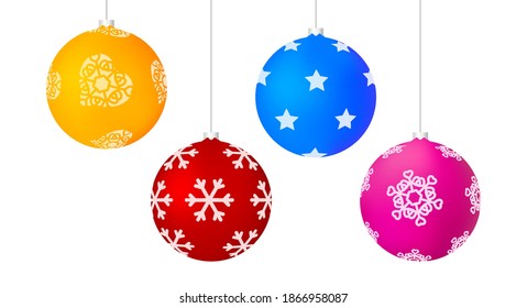 Hanging Christmas balls isolated. Pattern of hearts, stars and snowflakes. Merry Christmas and happy New Year related 3d realistic vector illustration.