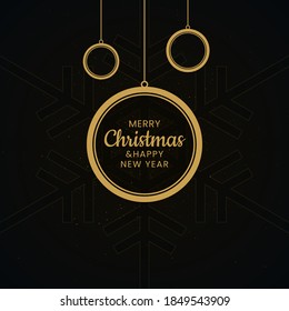 Hanging Christmas balls with Merry Christmas and Happy New Year lettering on black snowflake patterned background. New year greeting card.