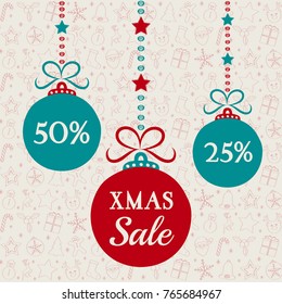 Hanging Christmas balls on background with decorations - Xmas Sale banner.