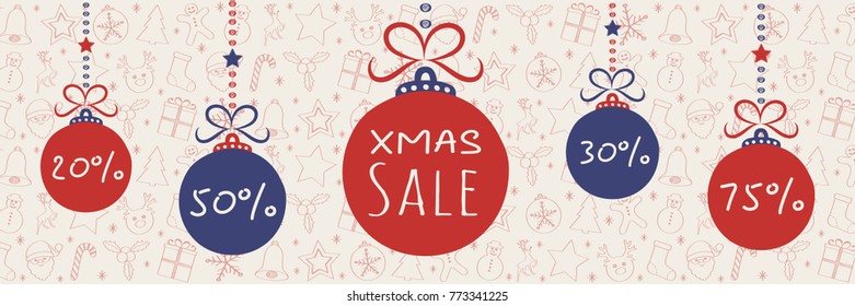 Hanging Christmas balls on background with hand drawn decorations - Christmas Sale poster. Vector.