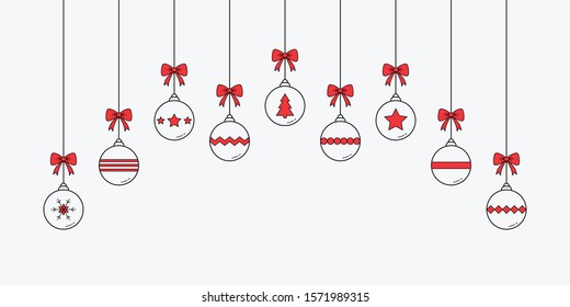 Hanging Christmas balls on white background. Festive decoration. Banner. Vector
