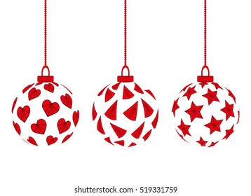 hanging christmas balls with red hearts christmas trees stars
isolated background