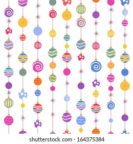 Hanging christmas balls seamless background on white.
