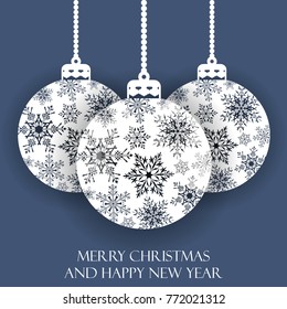 Hanging Christmas balls with a snowflake. Vector illustration. Merry Christmas and a happy new year. Elegant background for christmas design.