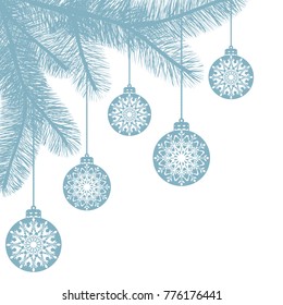 Hanging Christmas balls with snowflakes on spruce branches. Happy New Year holiday background with place for text. Vector illustration.