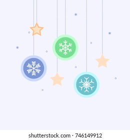 Hanging Christmas balls, snowflakes and stars on blue background. Vector flat style design