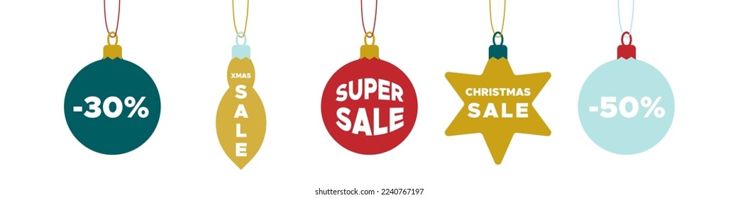 Hanging Christmas balls super sale. Merry Christmas. For ad, promotion, online shopping. Horizontal banner. Vector illustration, flat design