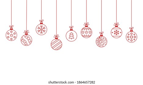 Hanging Christmas balls. Christmas toys ornaments set. Vector fun icons editable stroke. Red symbols on white background stock illustration