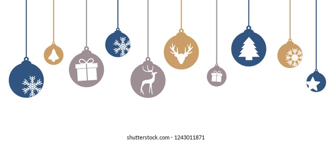 hanging christmas balls with winter motives snowflake reindeer gift bell star tree vector illustration EPS10