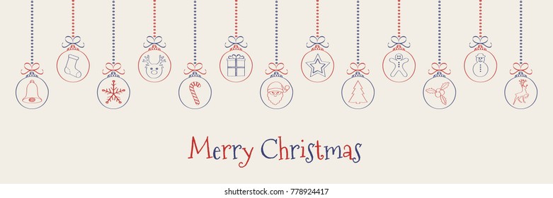 Hanging Christmas balls with wishes - banner. Vector.